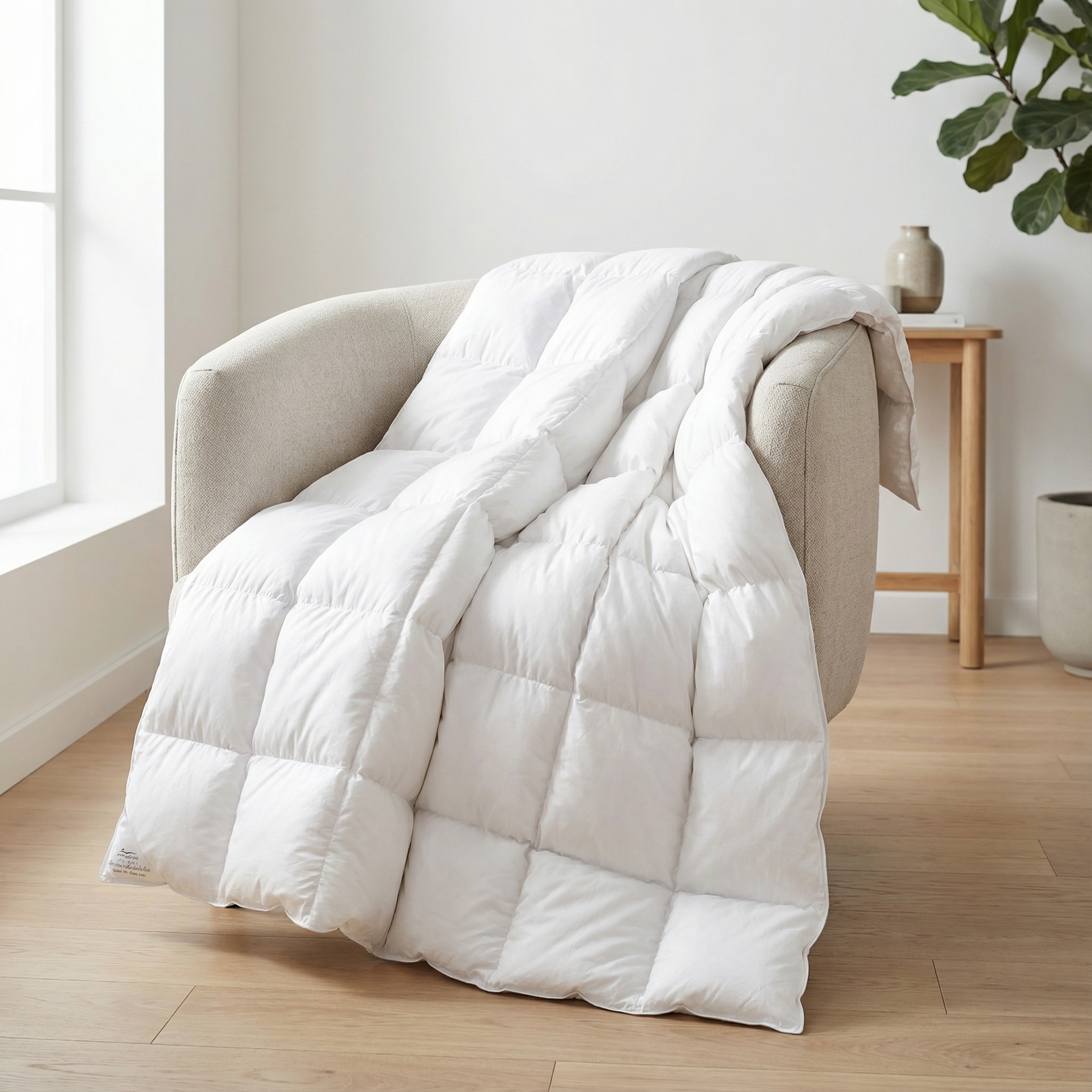 es liegt eine Daunendecke mit Feldaufteilung 6x8 über einem beigen Sessel in einem hellen Raum